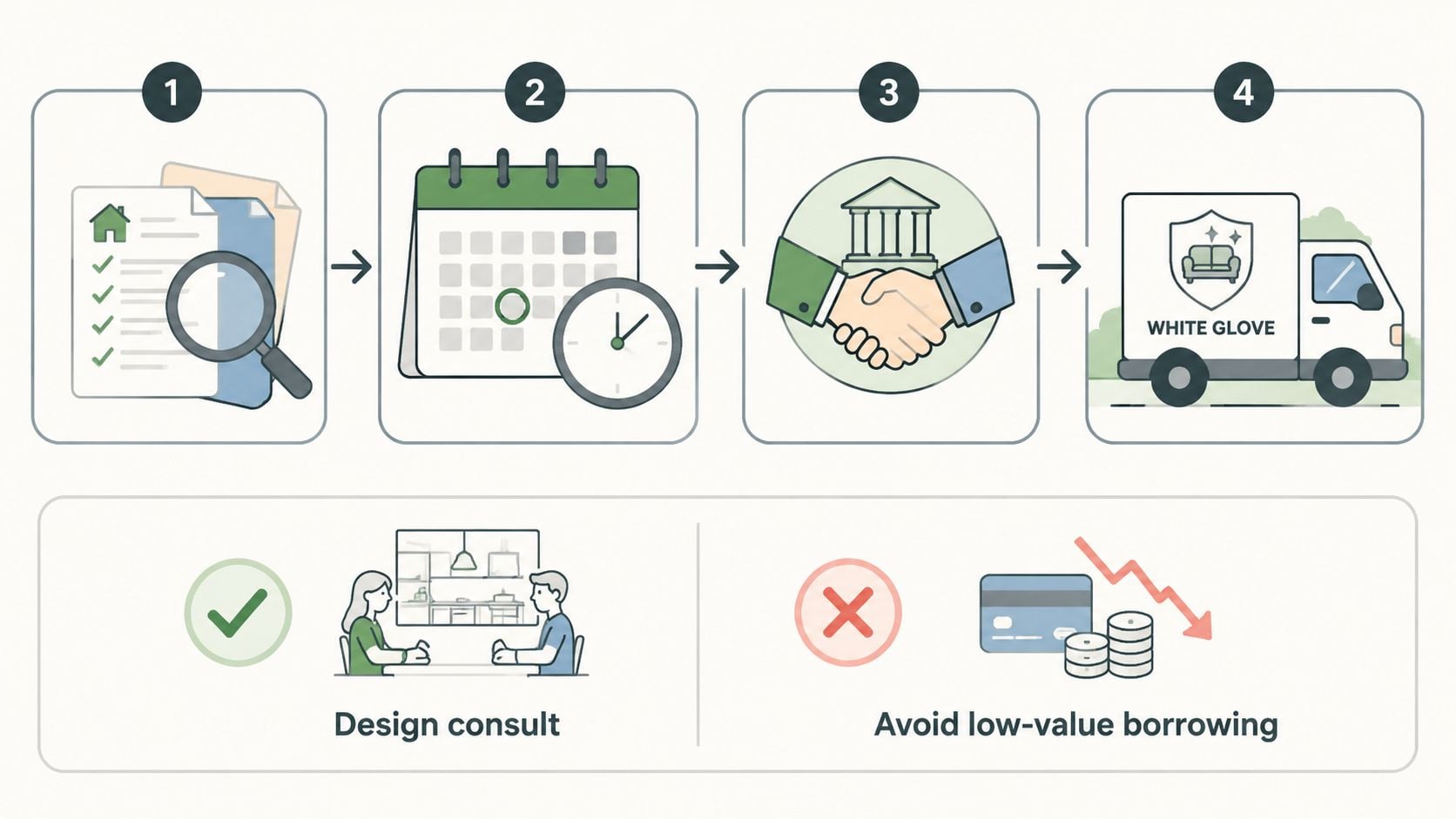 A four-step infographic illustrating the home improvement financing process with icons and additional expert design advice.