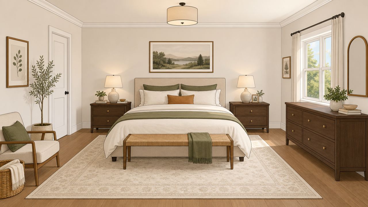 A cozy bedroom with a central bed, two nightstands, a wooden dresser, and an accent chair.
