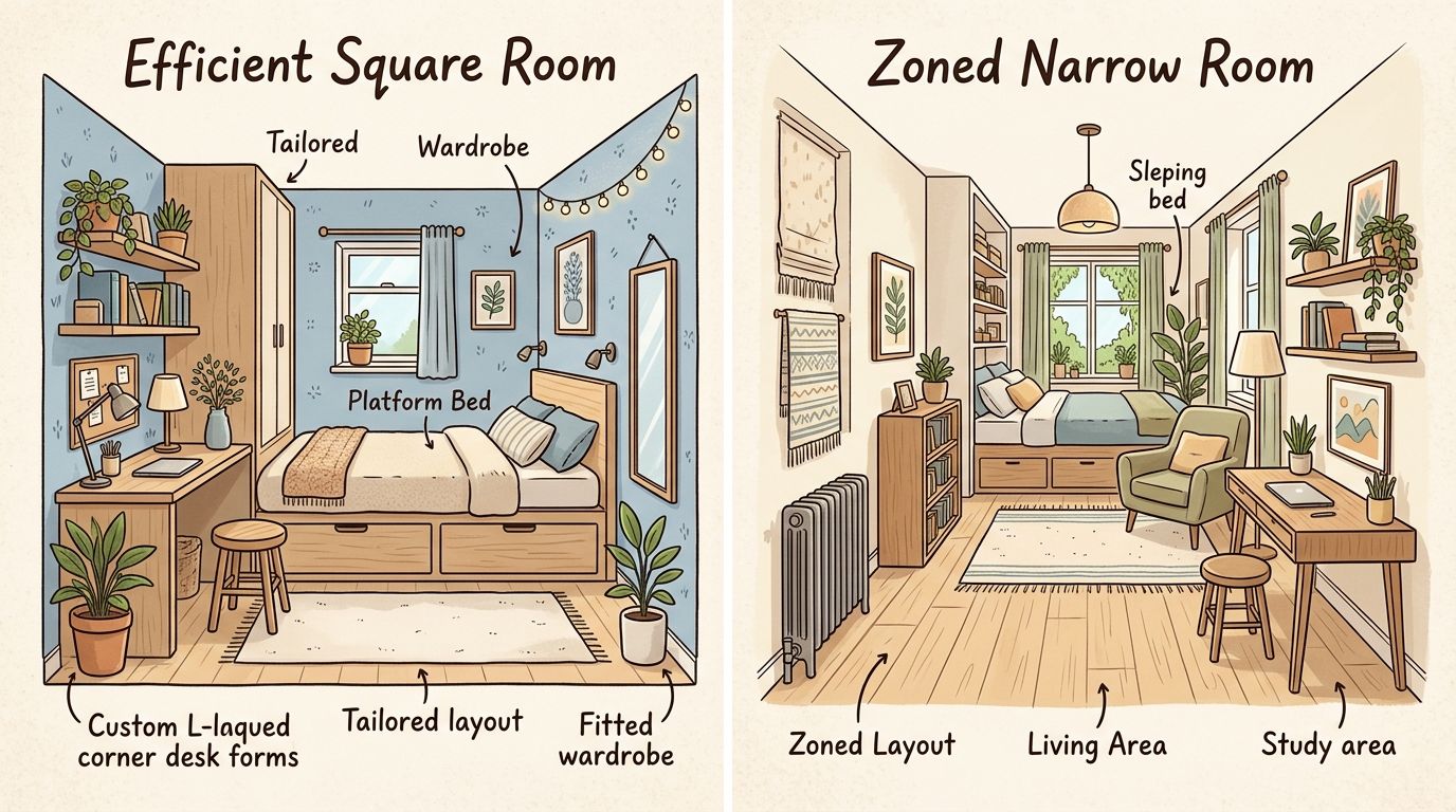 A split illustration comparing interior design layout ideas for square rooms versus long narrow bedroom spaces.