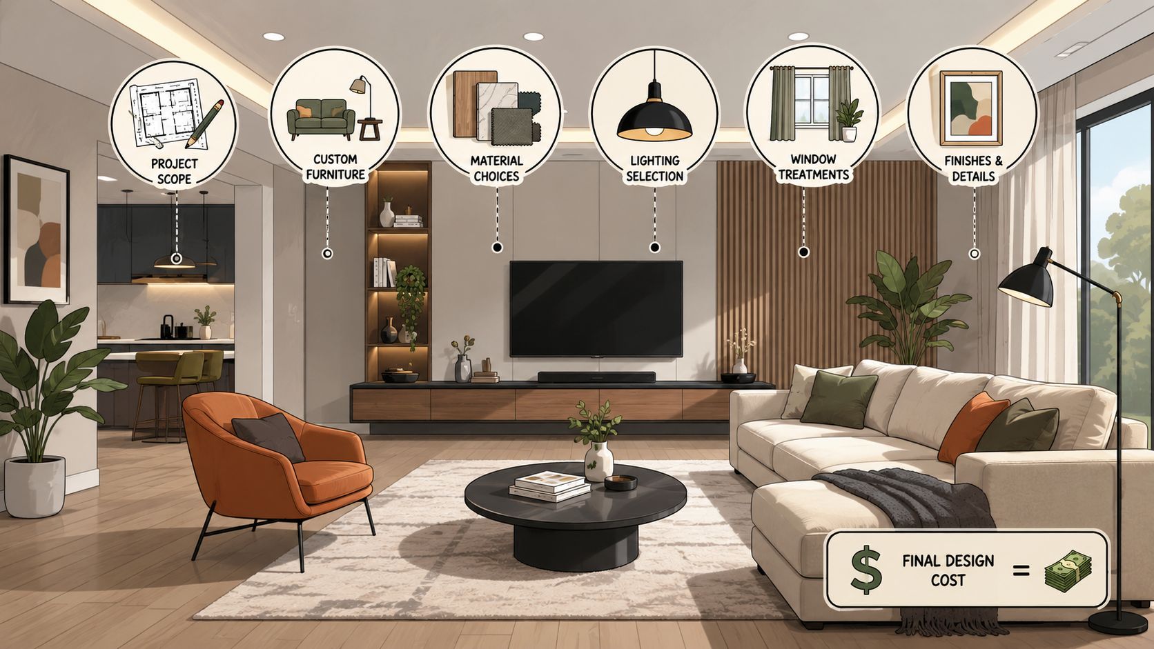 An interior design consultation infographic illustrating the steps of the design process in a modern living room.