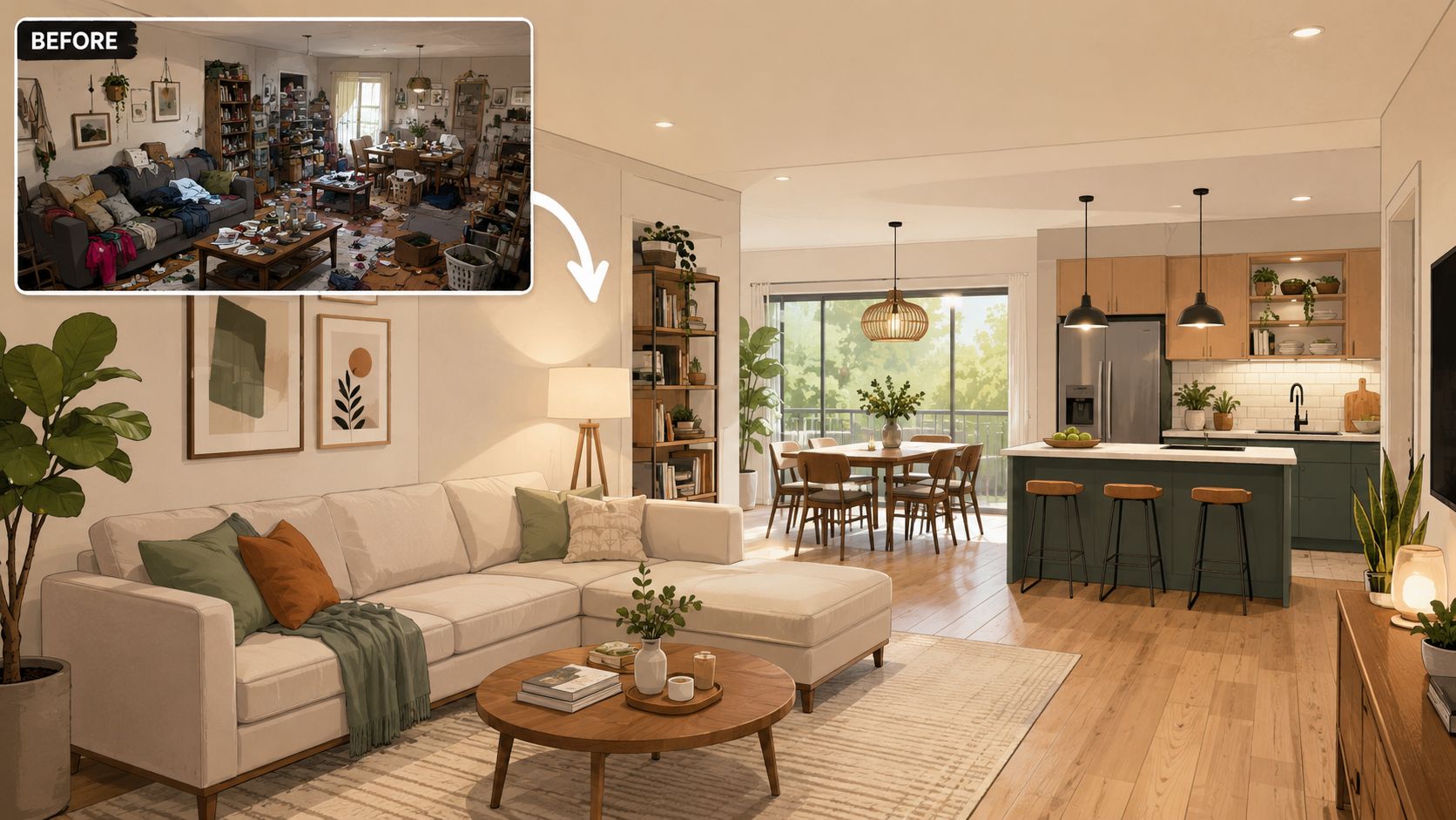 A split image showing a cluttered living room transformed into a clean, modern, and stylish home interior.