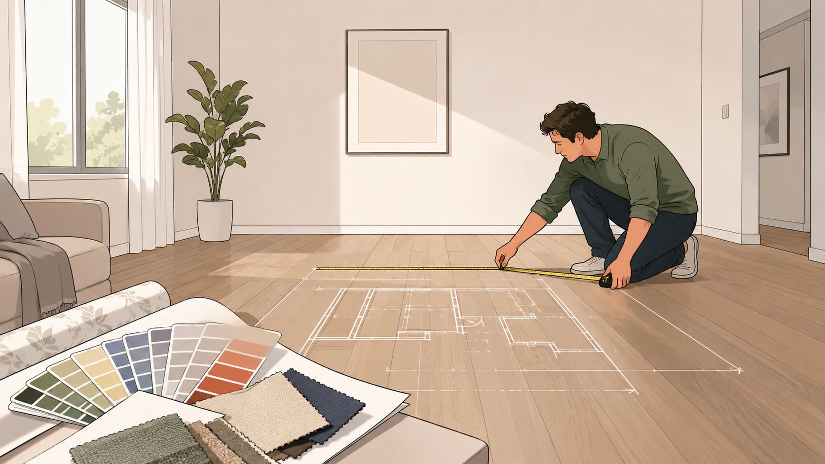A man kneeling on a hardwood floor measures a floor plan drawing with a yellow tape measure.