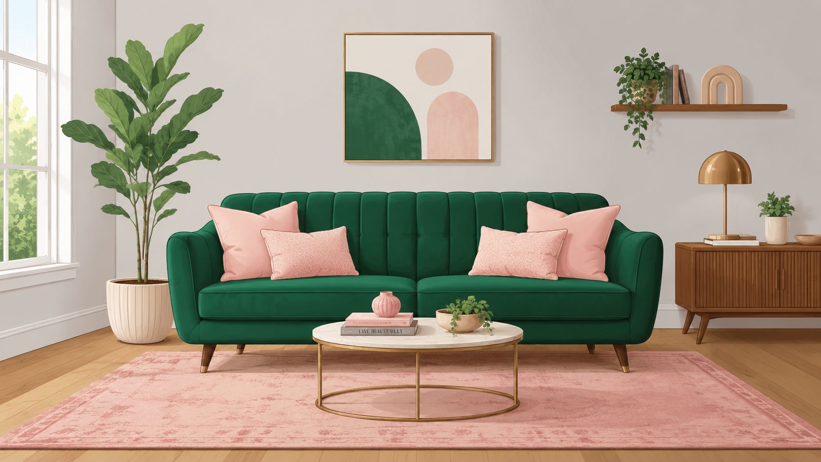 A modern living room featuring a rich green velvet sofa with pink pillows on a patterned rug.