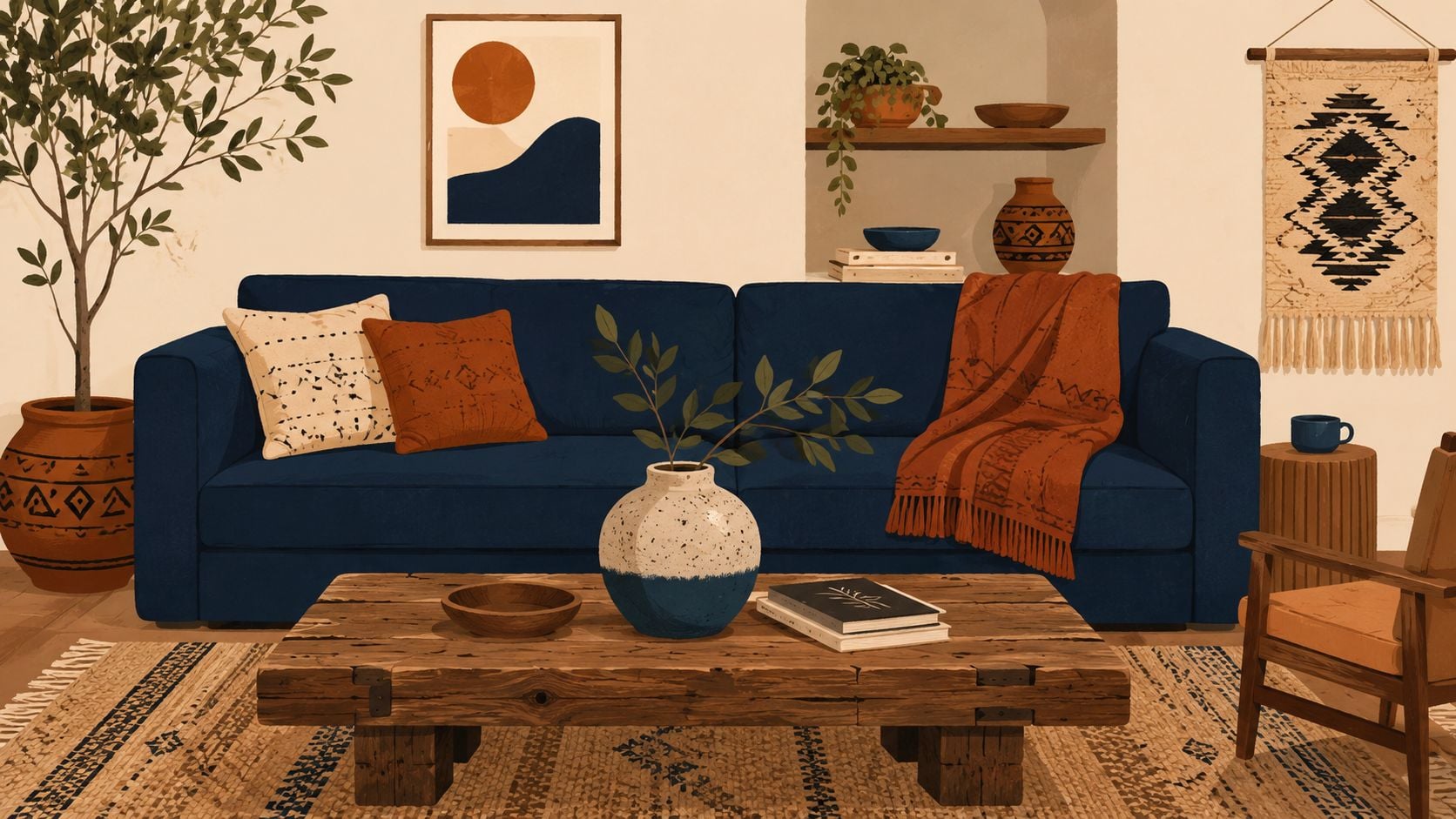 A cozy, stylish living room featuring a deep navy blue sofa with warm rust-colored accents and decor.