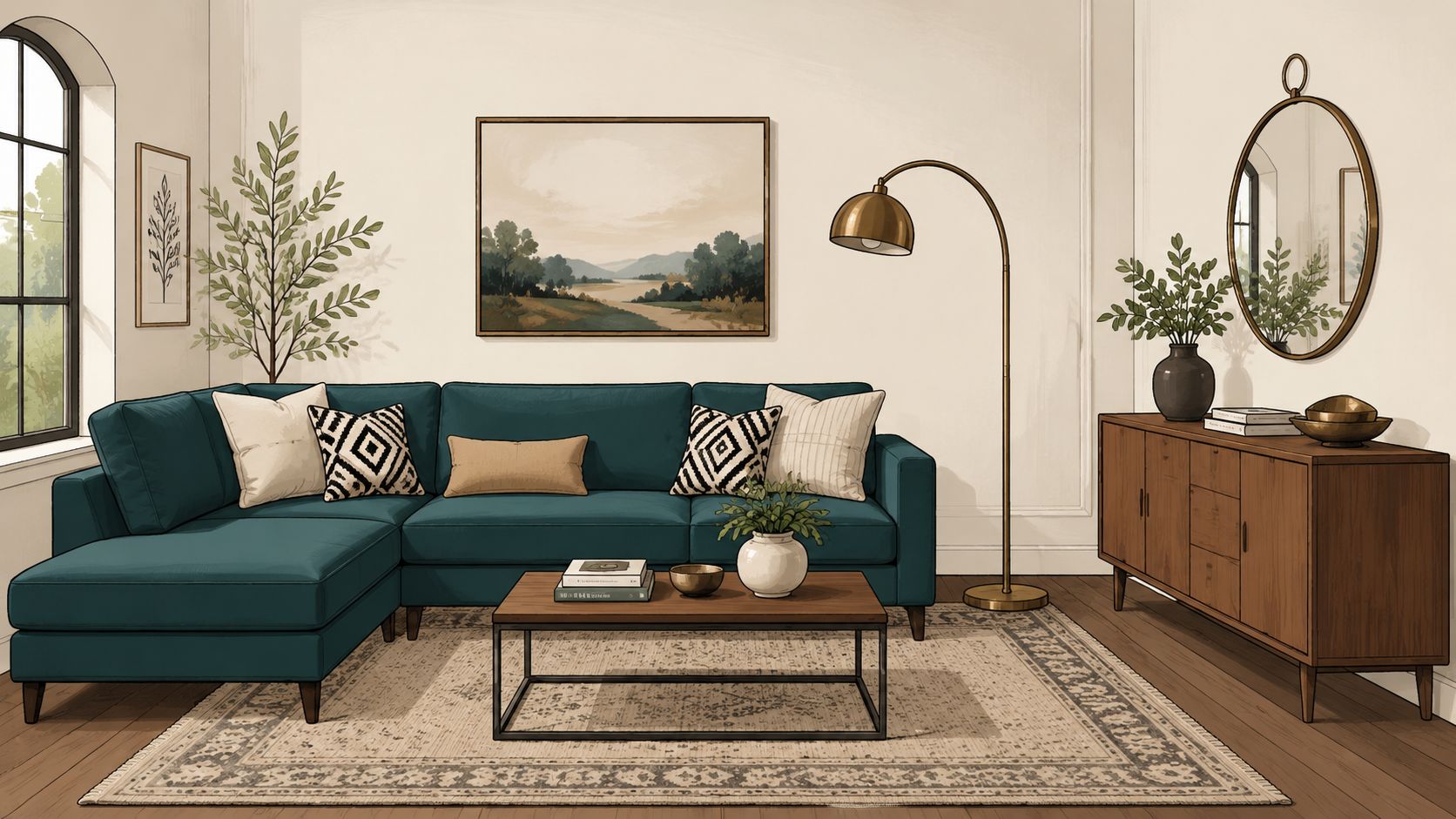 A cozy living room featuring a rich teal sectional sofa, wood furniture, and elegant landscape wall art decor.