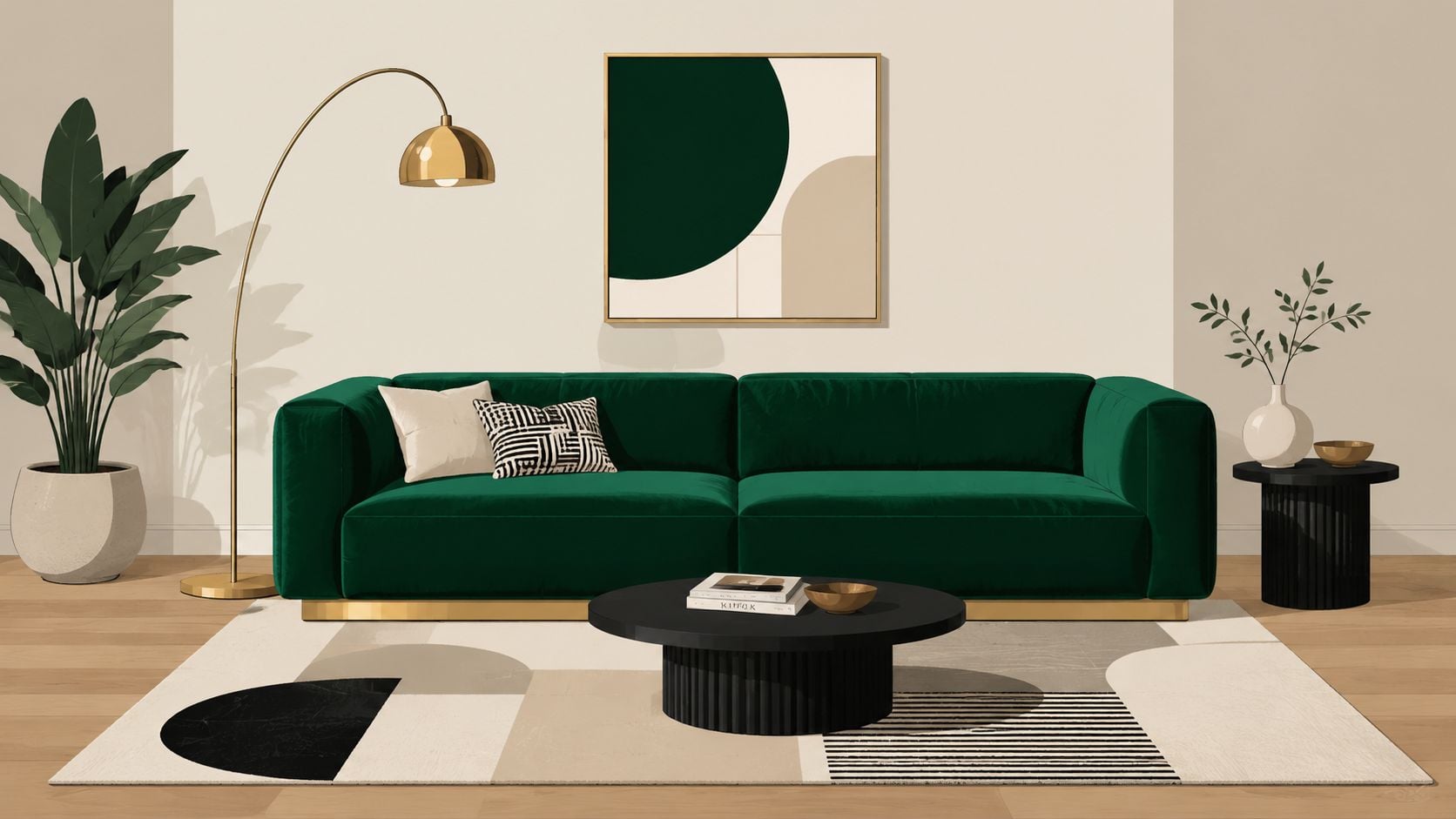 A modern living room with a green velvet sofa, geometric artwork, and neutral toned decor elements.
