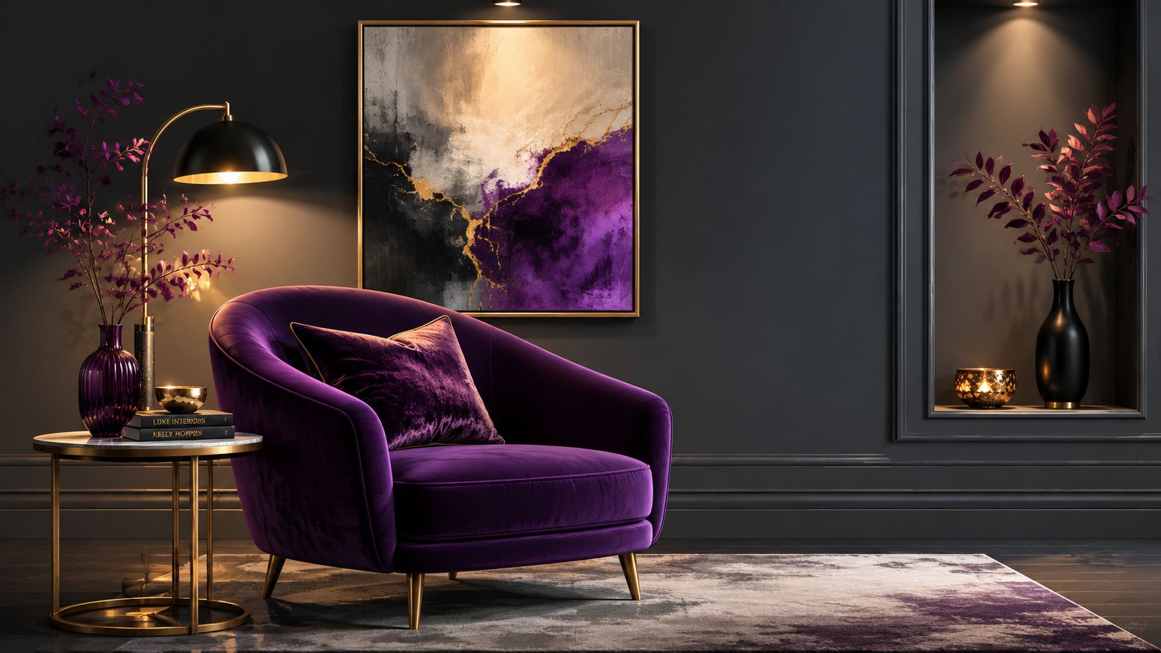 A luxurious purple velvet armchair set against a dark wall with matching abstract art and elegant decor.