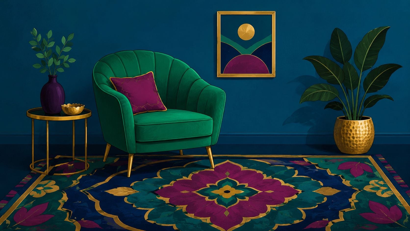 A luxurious green velvet armchair with a purple pillow in a room decorated with jewel tone palettes.