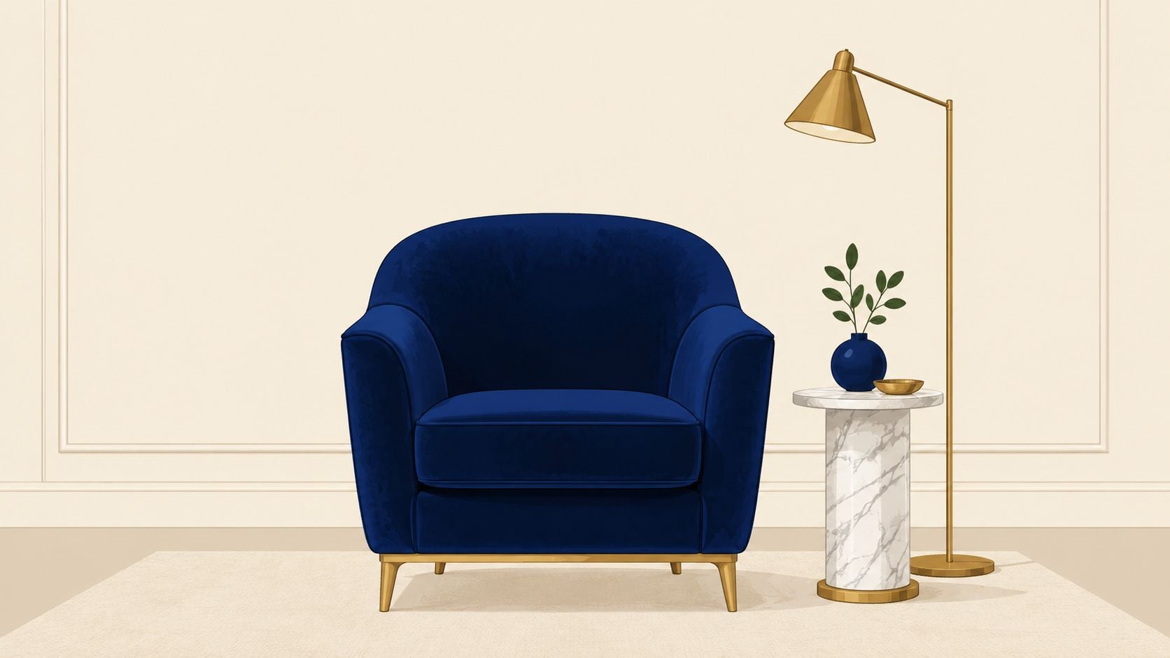 A sophisticated navy blue velvet armchair sits next to a marble side table and gold floor lamp.