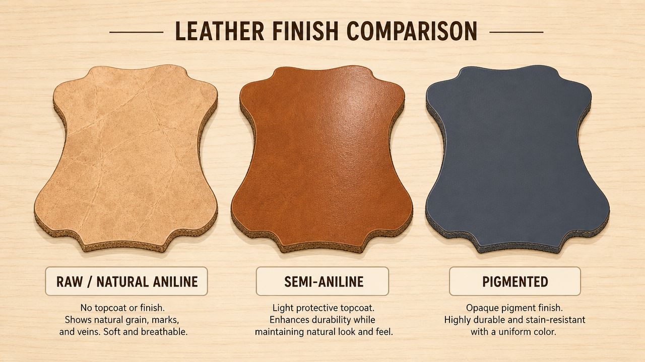 A comparison chart showing three leather samples labeled Raw Aniline, Semi-Aniline, and Pigmented with their key characteristics.