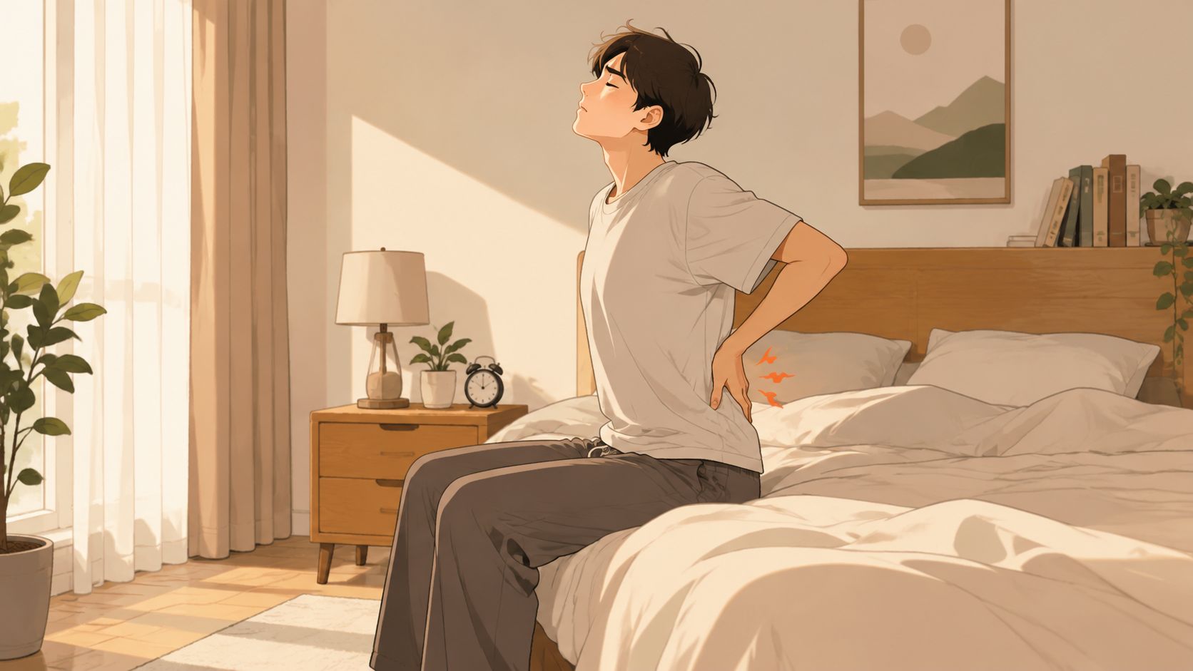 A young man sitting on his bed in the morning suffering from lower back pain.