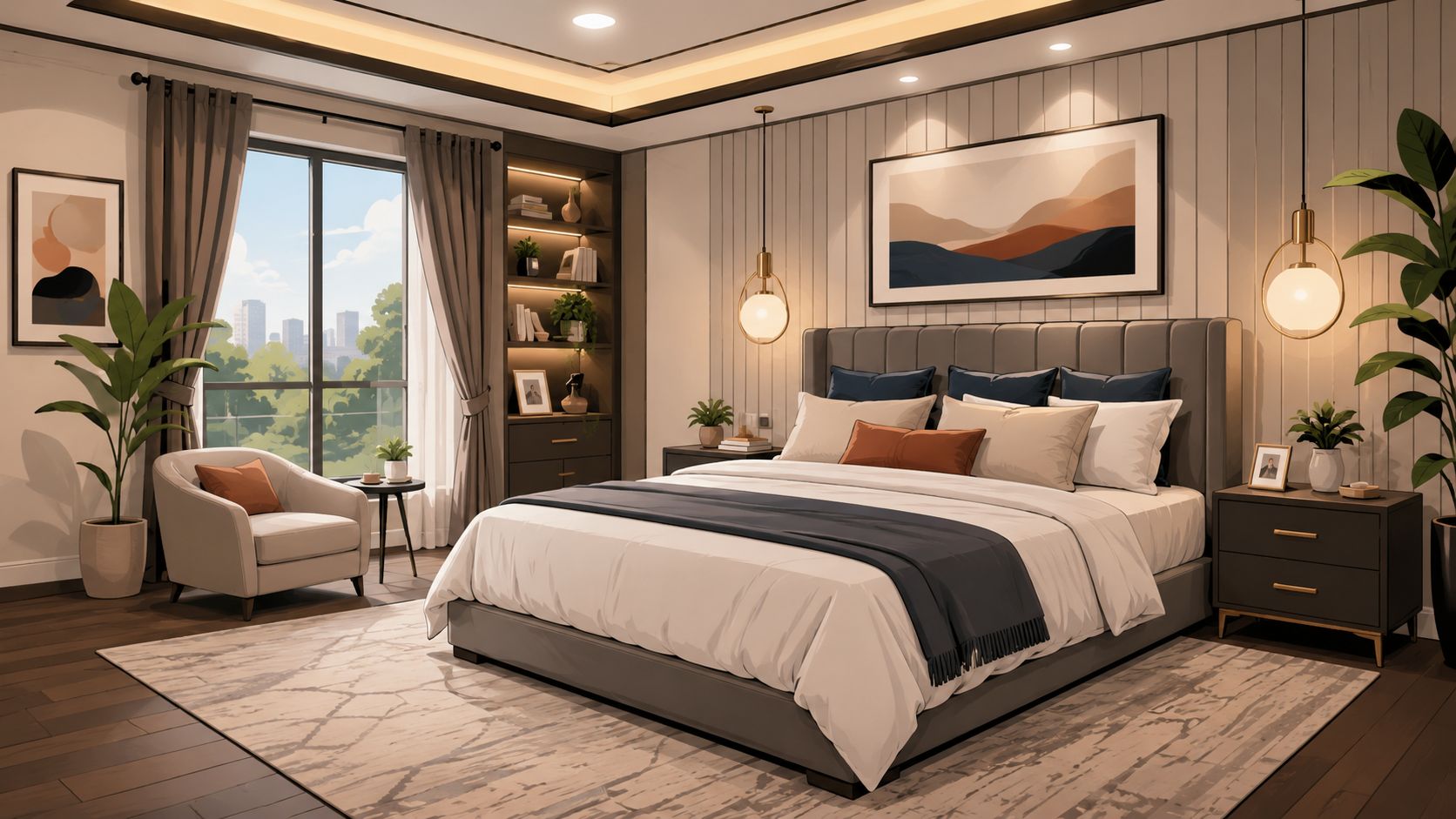 A modern and elegant bedroom featuring a comfortable bed, stylish furniture, and large windows with a view.