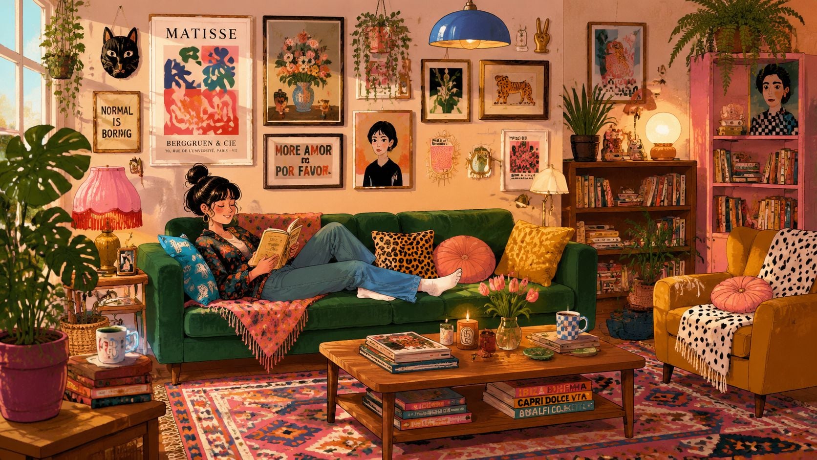 A young woman relaxes on a green sofa reading a book in a cozy, plant-filled maximalist living room.