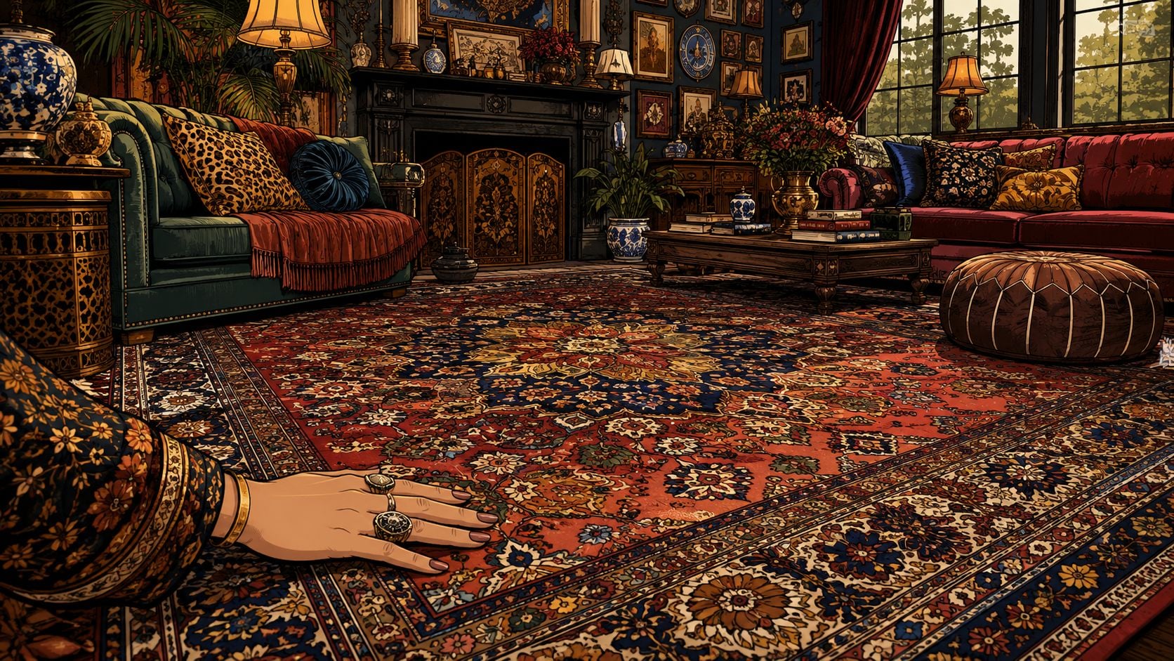 A luxurious maximalist living room featuring a patterned rug, plush furniture, and an elegant hand resting.