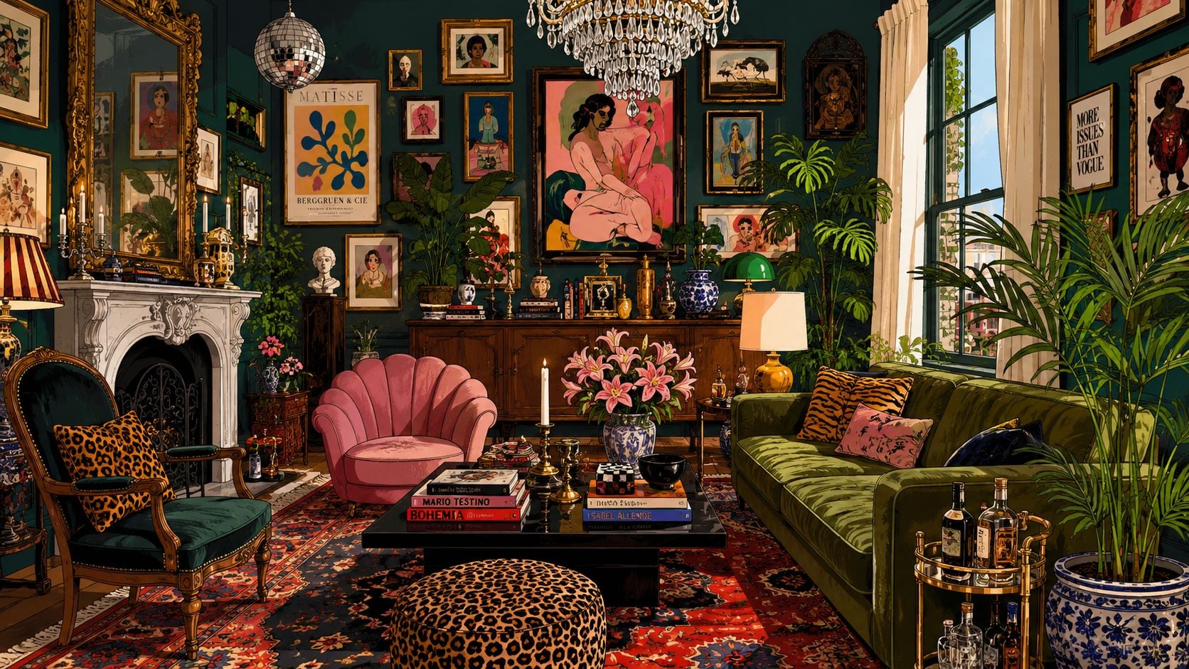 A vibrant maximalist living room featuring dark green walls, lush plants, a pink scalloped chair, and artwork.