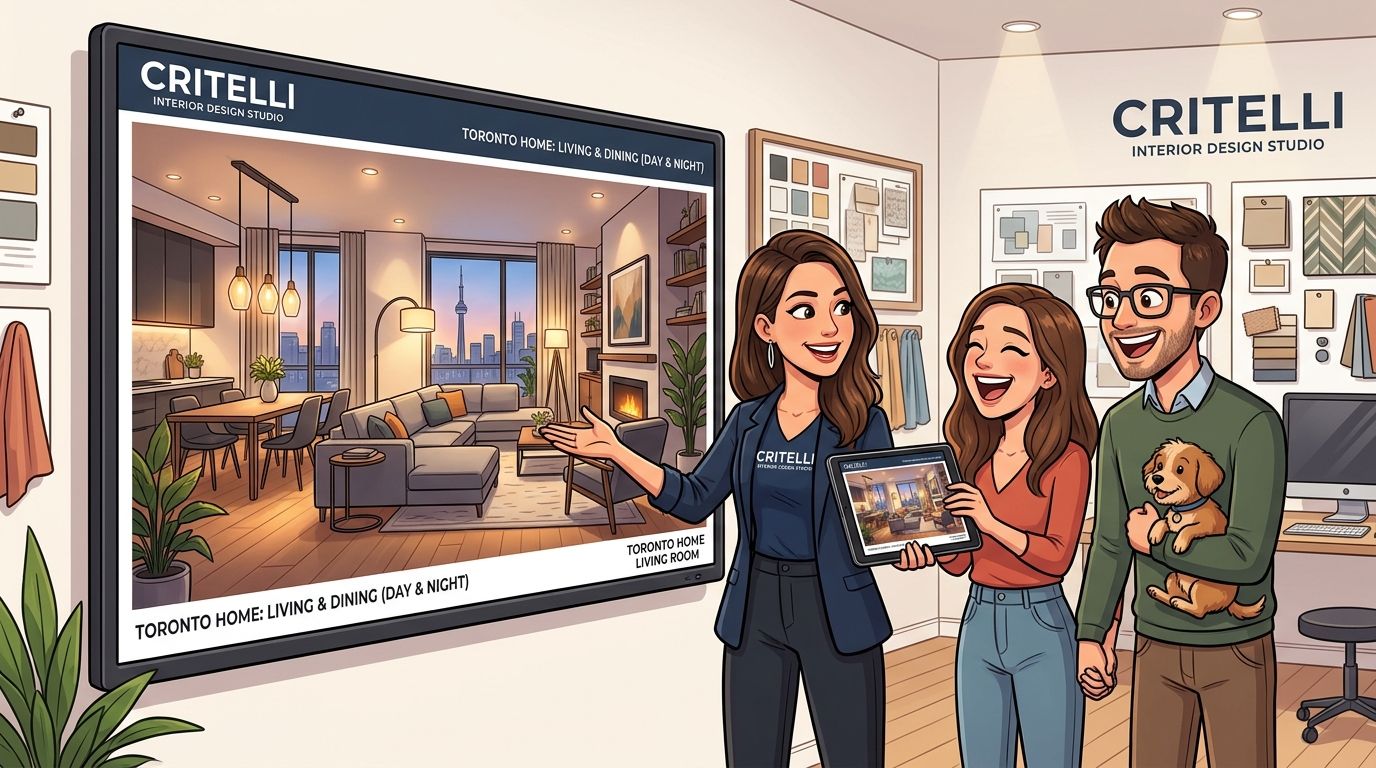 An interior designer presents a living room renovation plan to a couple holding their pet dog.