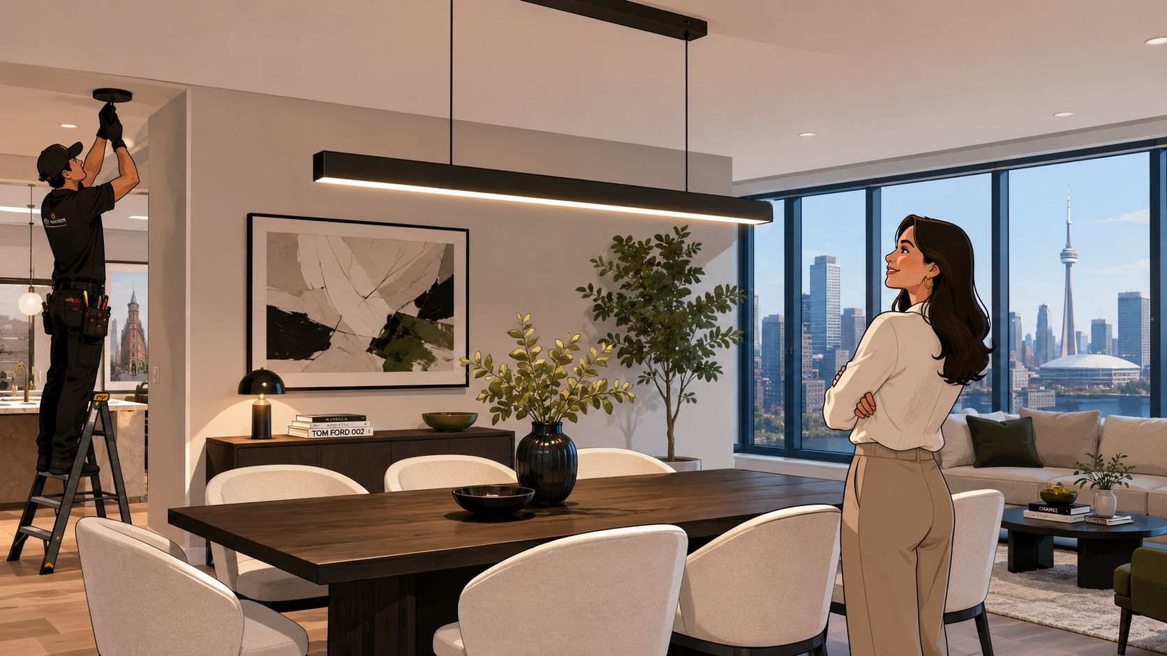 A woman admiring modern lighting fixtures in a stylish Toronto apartment with a city skyline view.