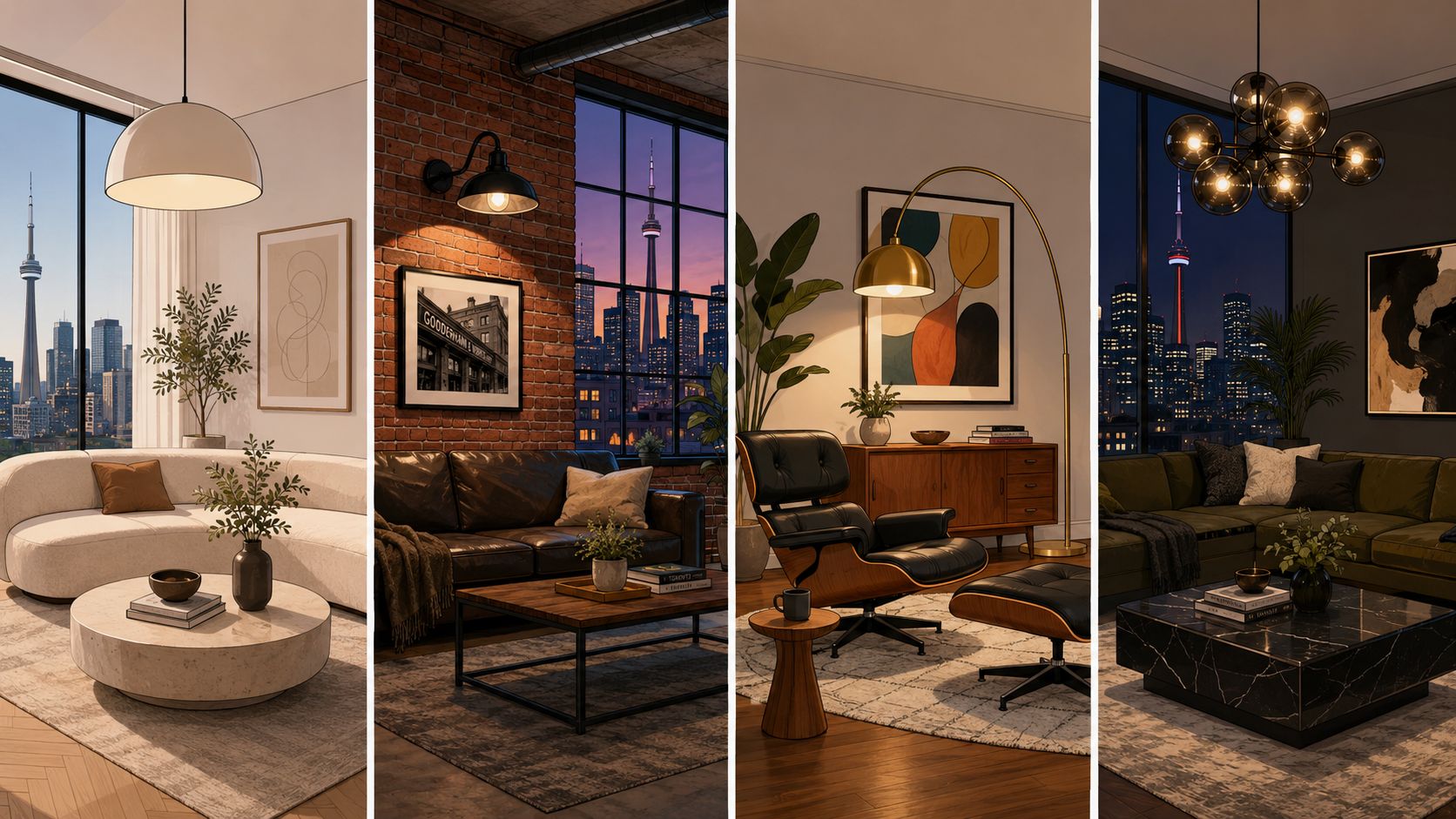 A split image showcasing four distinct modern living room designs with stylish lighting fixtures overlooking Toronto skyline.