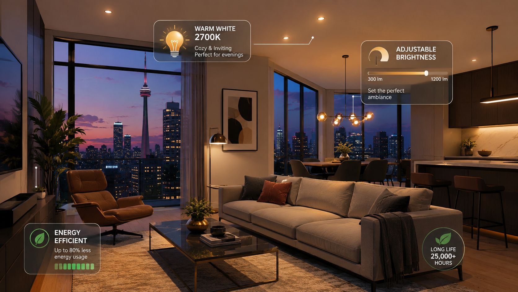 A modern living room at night featuring warm lighting with the Toronto CN Tower view outside.