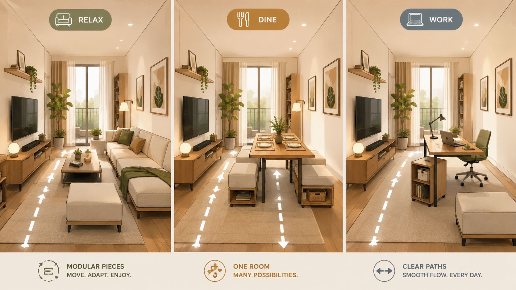 A modular living room setup showing how furniture can adapt for relaxing, dining, and working in small spaces.