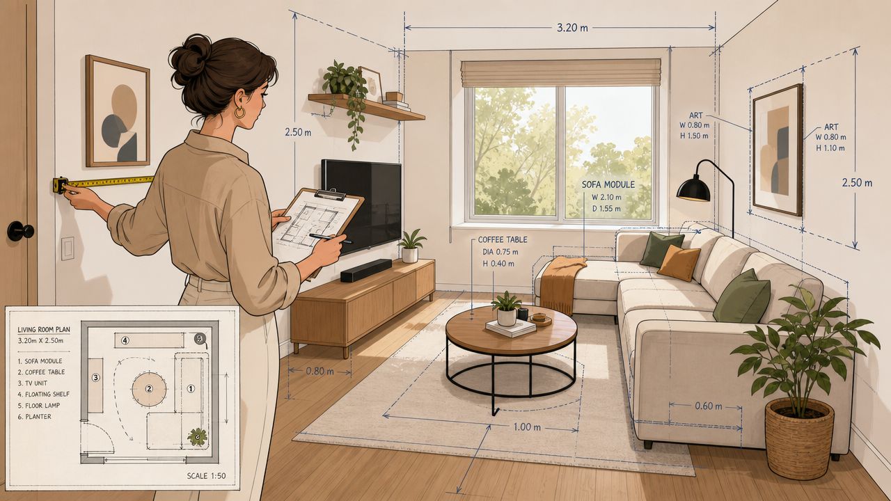 An interior designer taking measurements of a living room featuring a modern modular sofa and decor.