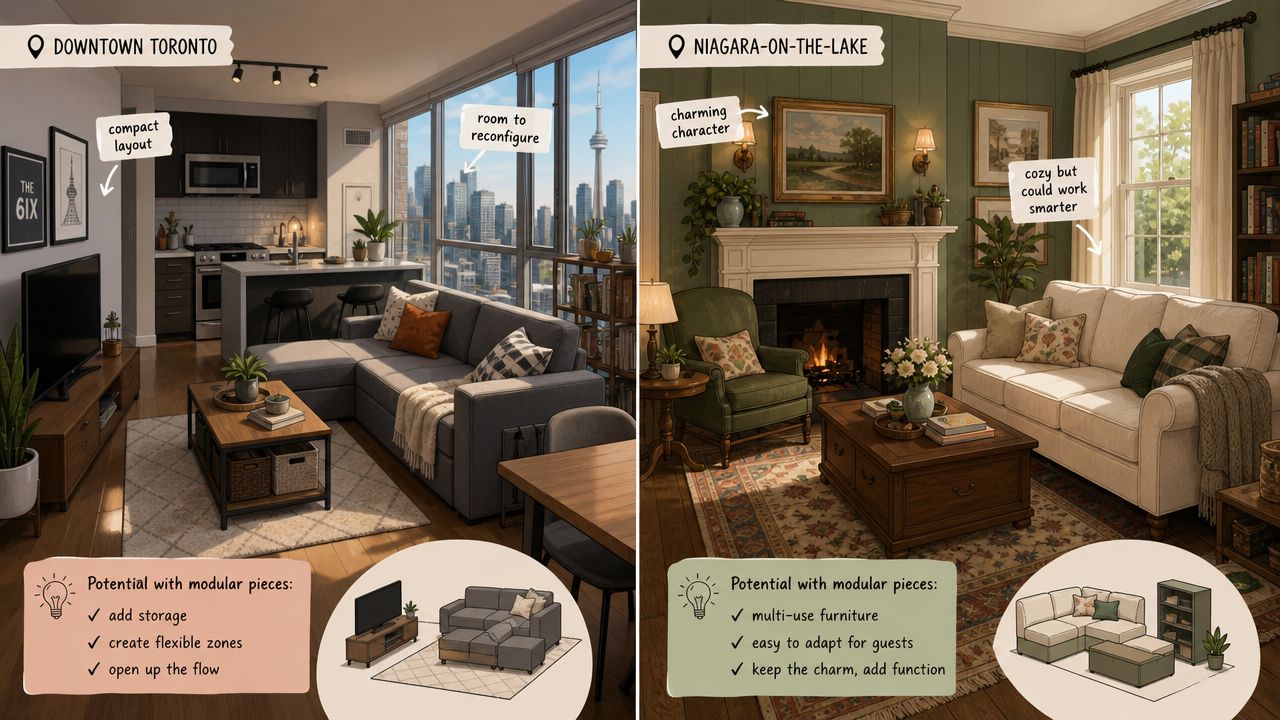 A split-screen comparison showing modular furniture solutions in a modern Toronto condo and a classic Niagara-on-the-Lake home.