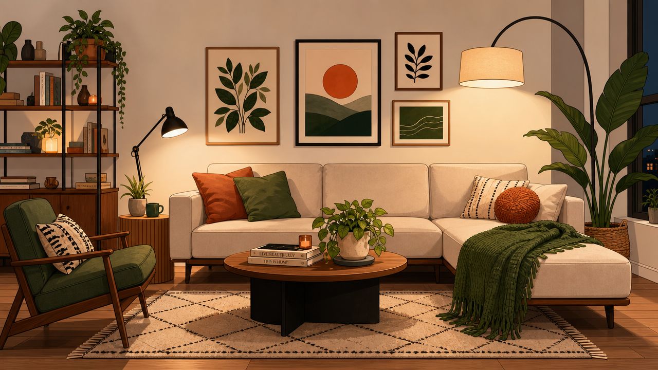 A cozy, well-lit modern living room featuring modular furniture, indoor plants, and warm ambient lighting decor.