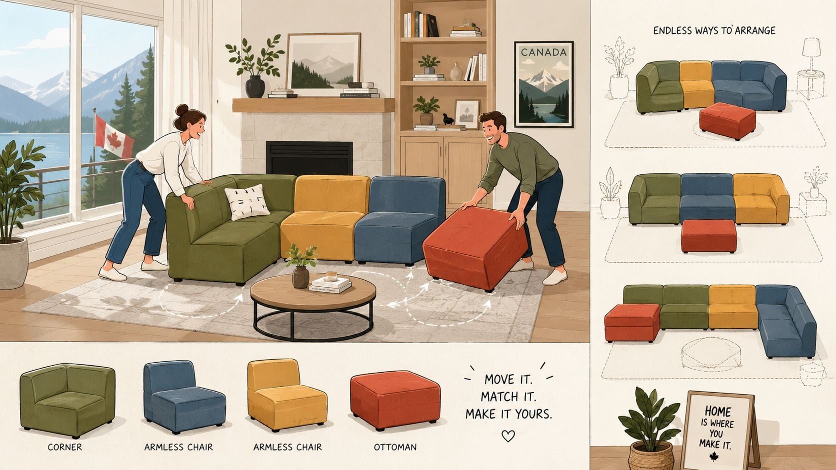 A couple arranging a customizable modular sectional sofa with various colored cushions in a cozy Canadian living room.