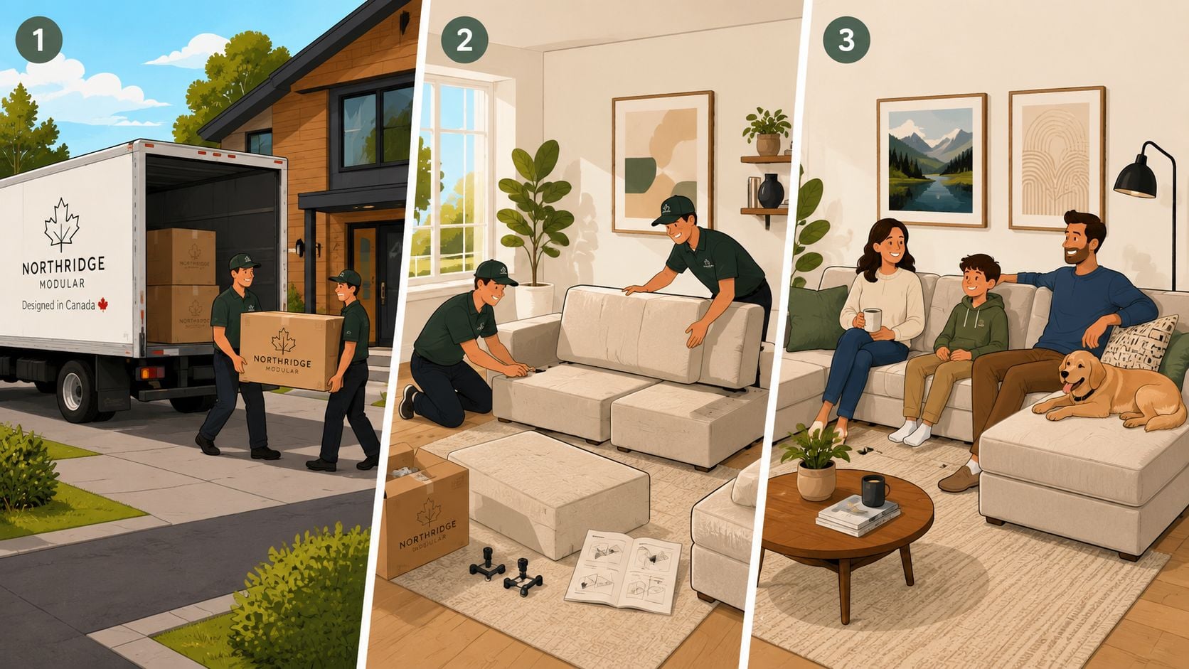 A three-step illustration showing delivery, assembly, and family use of a Northridge Modular sectional sofa.