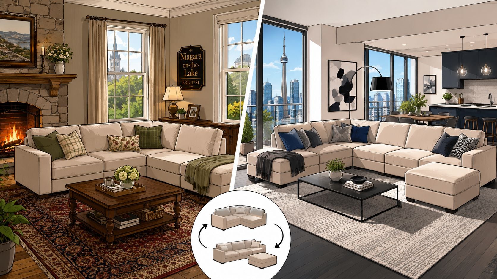 A split-view illustration comparing a traditional cottage living room and a modern condo featuring a modular sectional sofa.