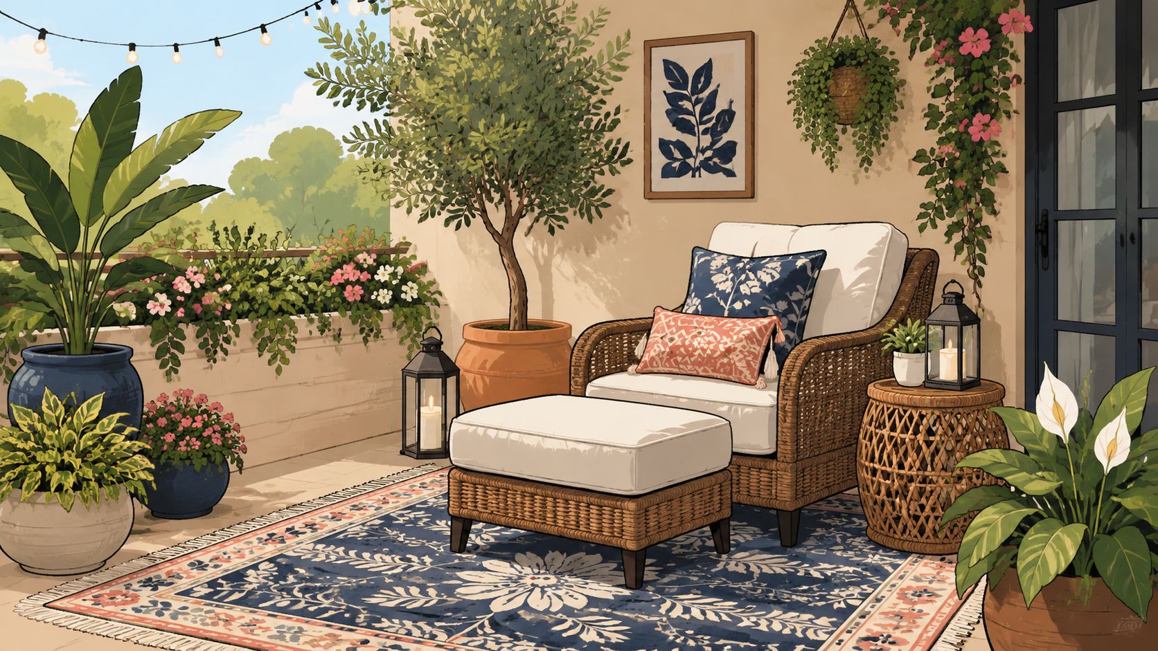 A cozy outdoor balcony featuring a wicker chair with an ottoman on a patterned blue rug.