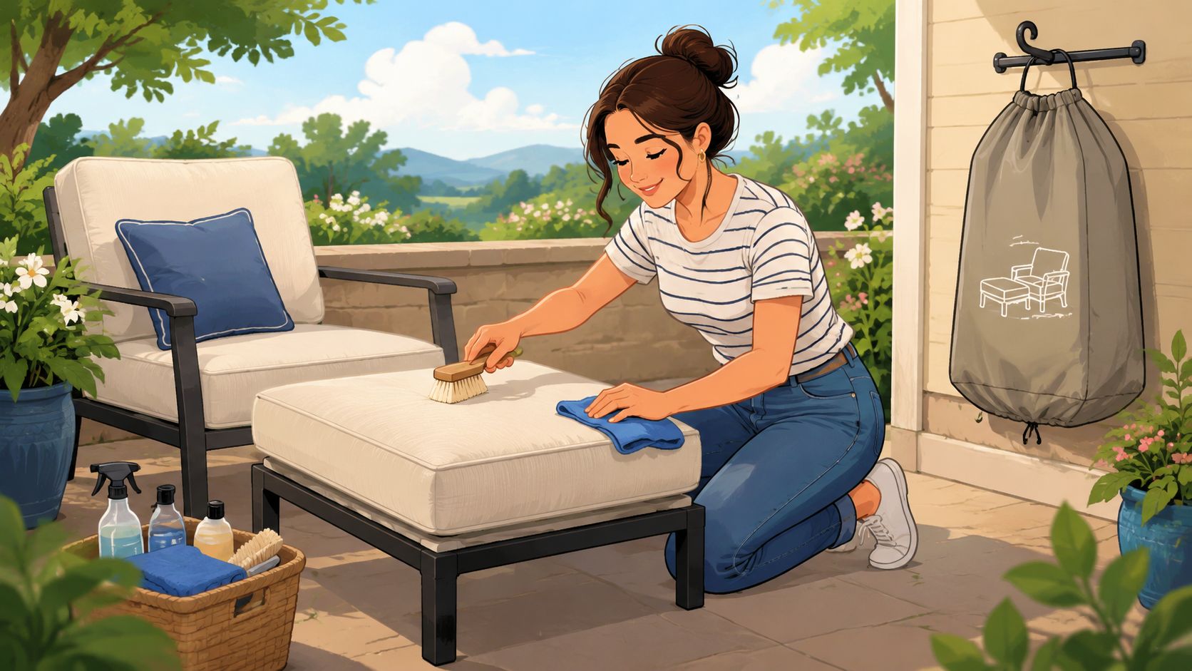 A woman cleaning a beige outdoor chair ottoman with a brush and cloth on a sunny patio.