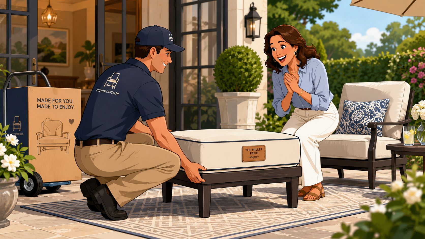 A friendly delivery person assembling an outdoor chair ottoman for a happy customer on a patio.