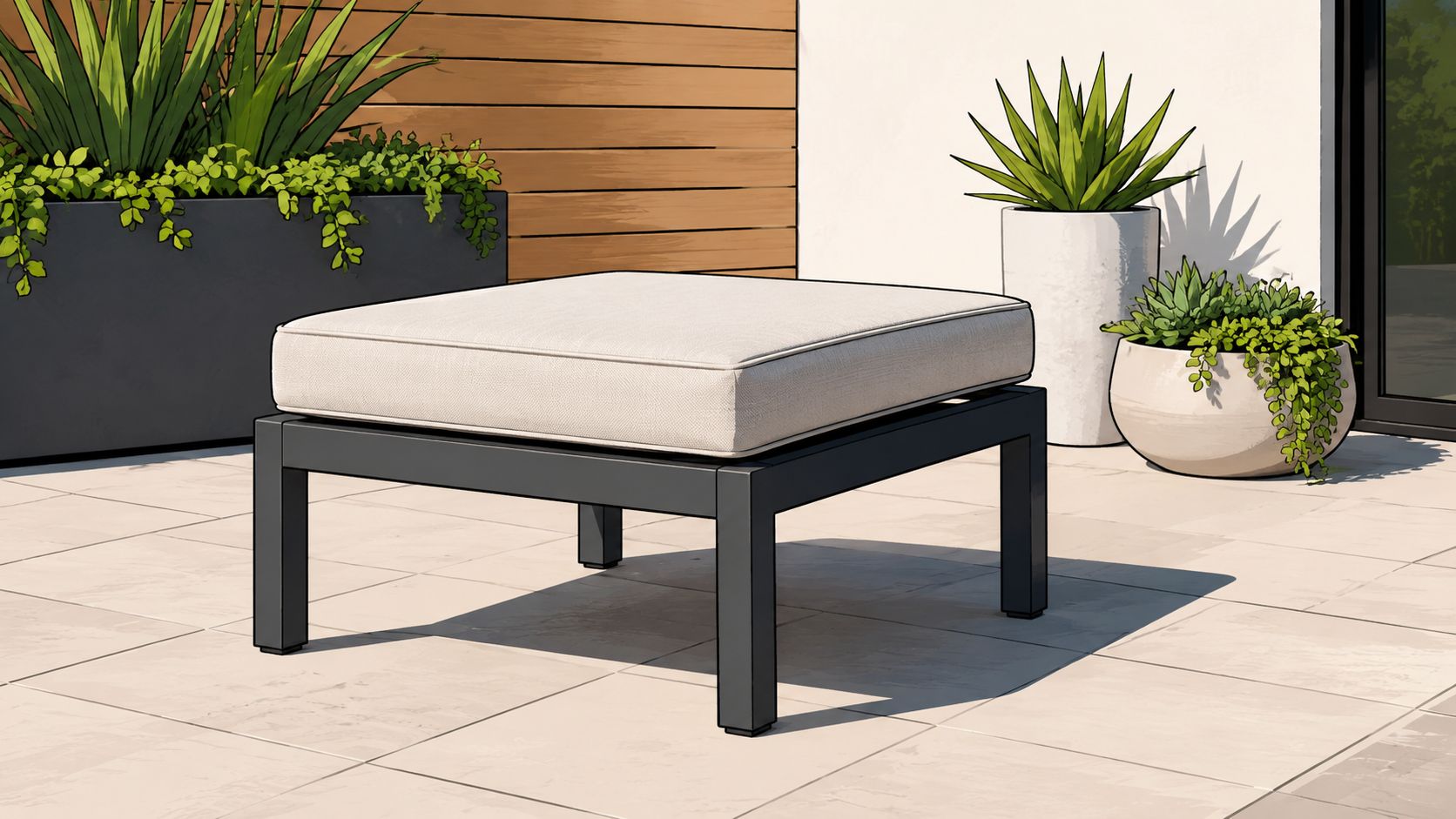 A modern outdoor ottoman with a thick white cushion and black metal frame on a tiled patio.
