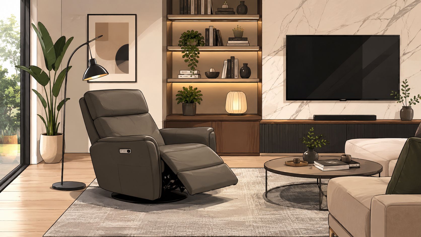 A modern living room featuring a grey power recliner, a minimalist coffee table, and a wall-mounted television.