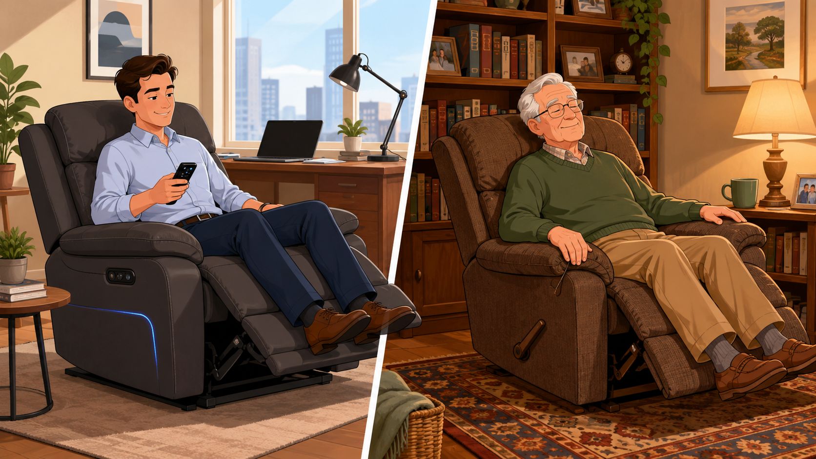 A split image comparing a young man in a modern power recliner and an elderly man in a manual recliner.