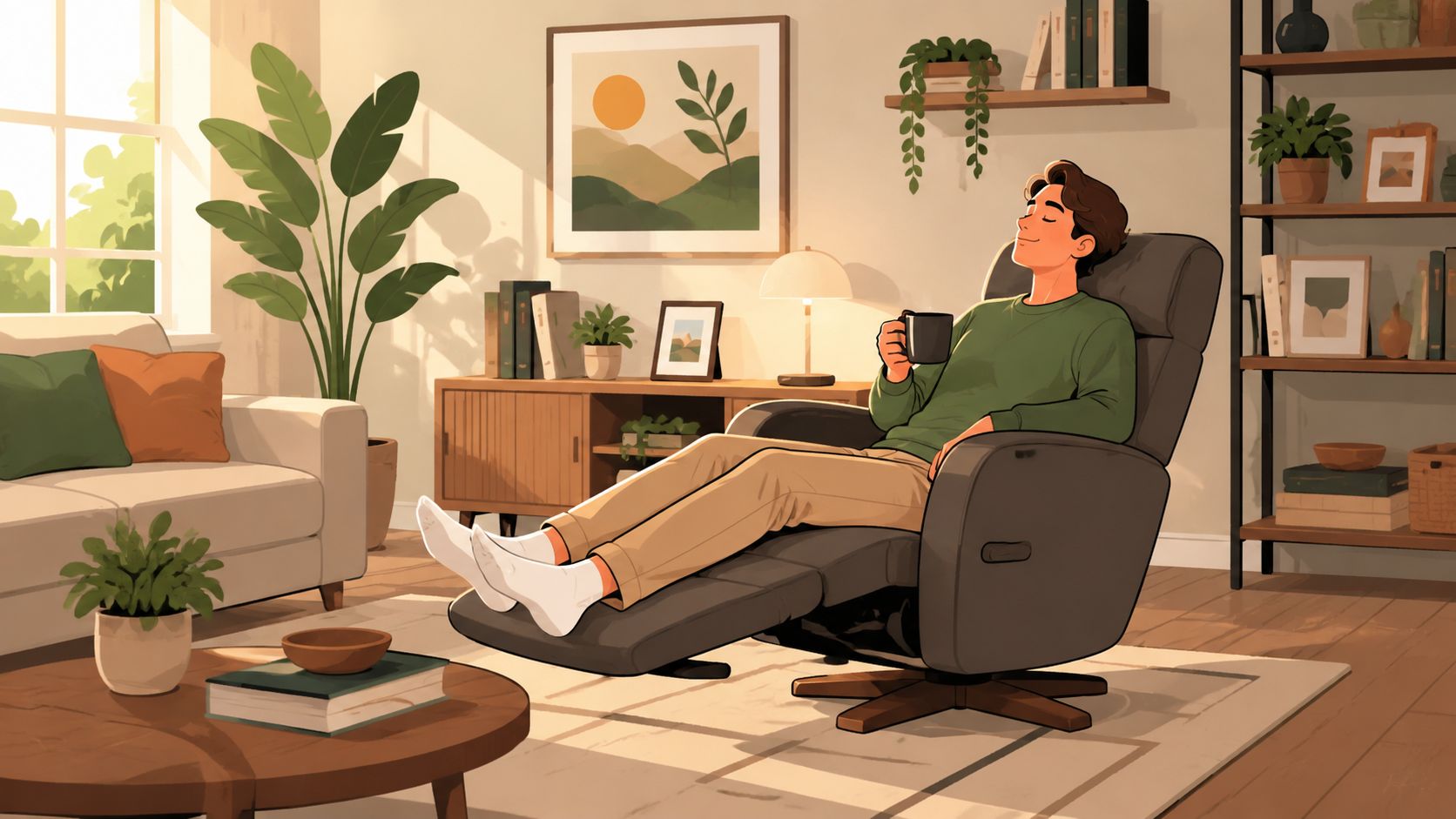 A relaxed man sitting in a comfortable dark grey power recliner, holding a mug in his living room.