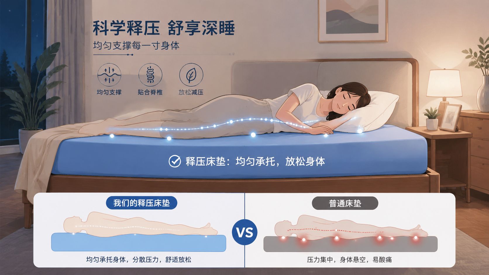 A diagram comparing a pressure relief mattress to a standard mattress to illustrate better spinal support.