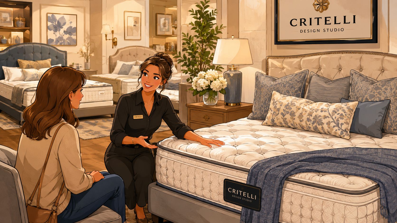 A professional interior design consultant assists a customer with selecting a premium pressure relief mattress in store.