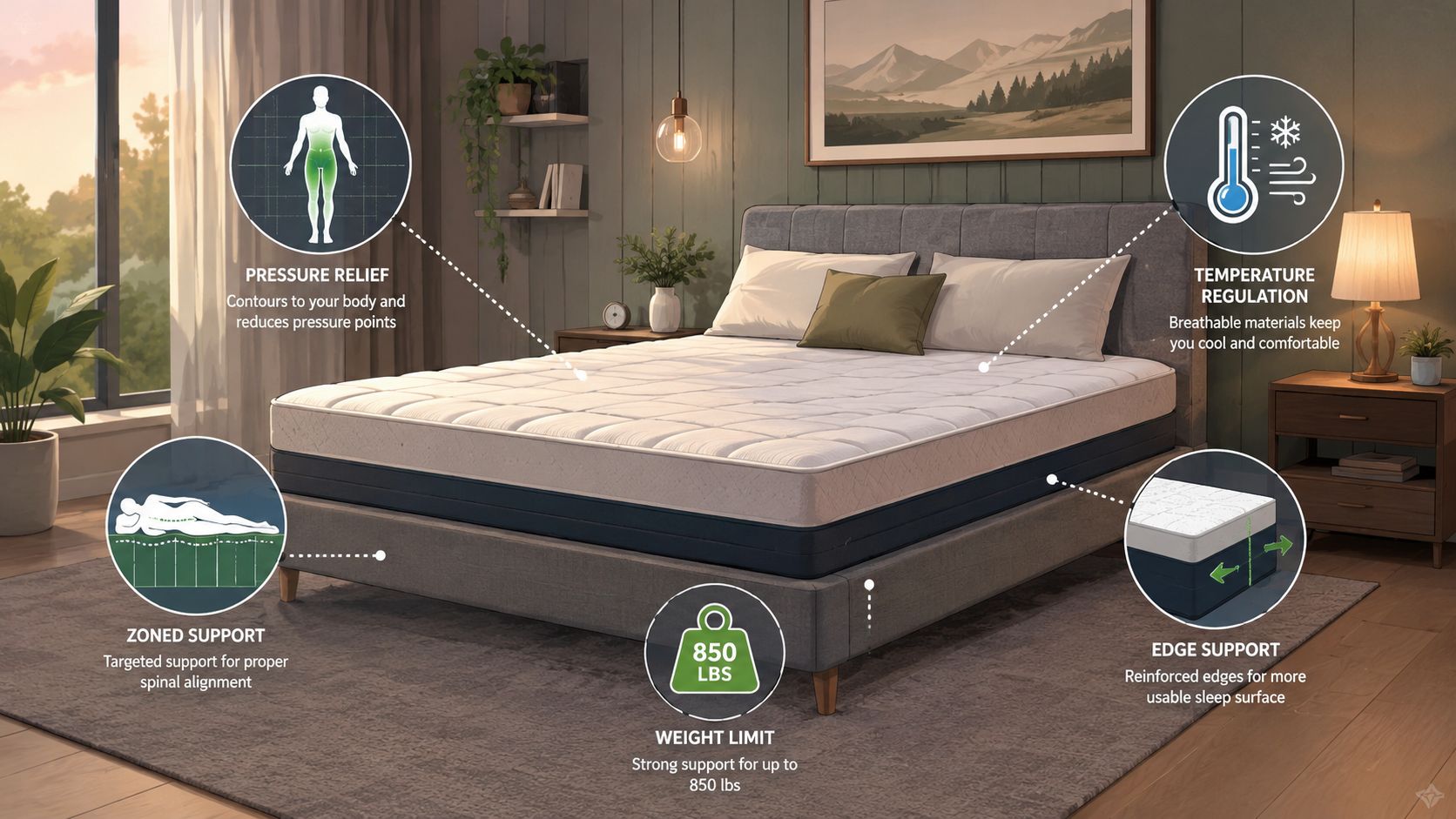 A luxurious mattress in a modern bedroom featuring icons explaining pressure relief, temperature regulation, zoned support, and edge support.