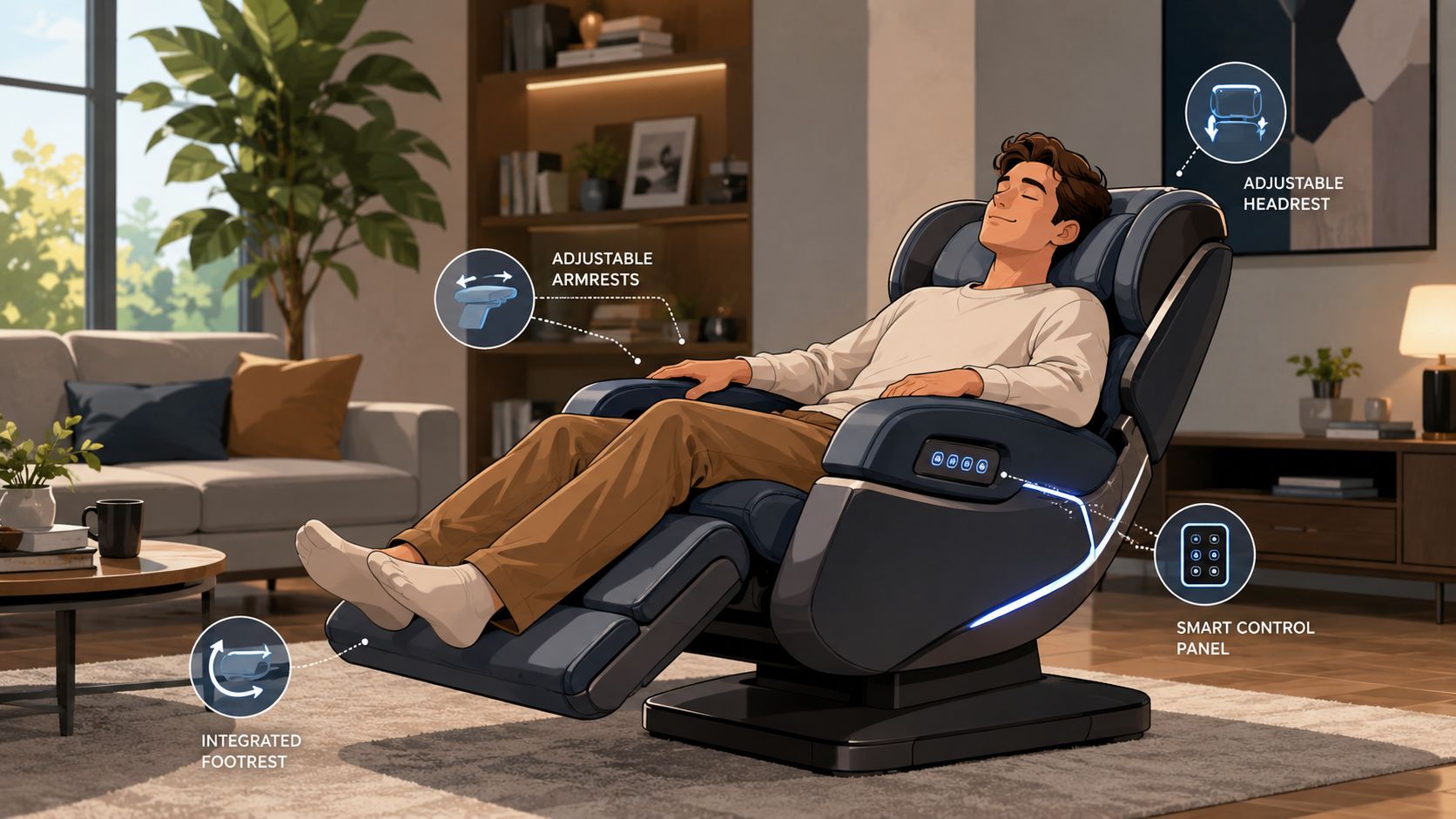 A man relaxing in a modern dark blue ergonomic massage chair with integrated footrest and smart controls.