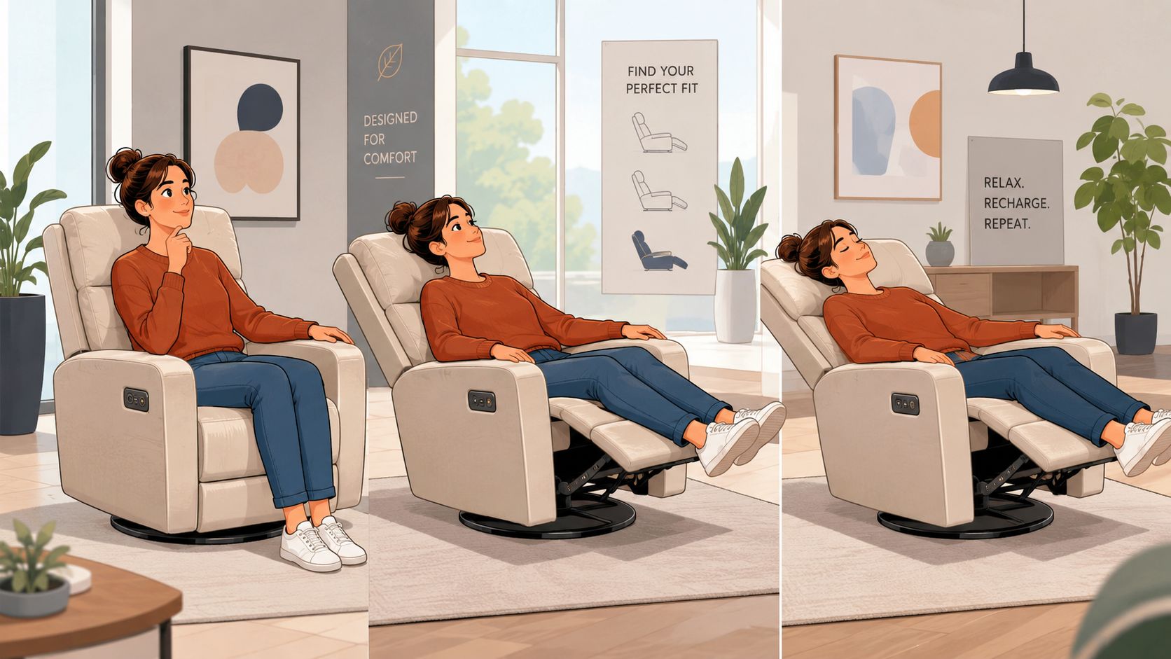 A woman testing different reclining positions of a beige power recliner chair in a modern living room setting.