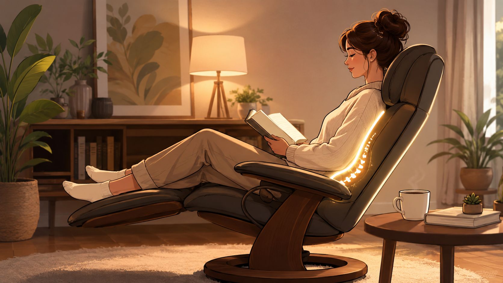 A woman relaxing in an ergonomic recliner with glowing lumbar support while reading a book at home.