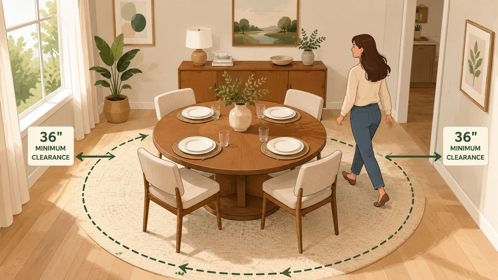A woman walks past a round dining table illustrating the recommended 36-inch minimum clearance space for dining areas.