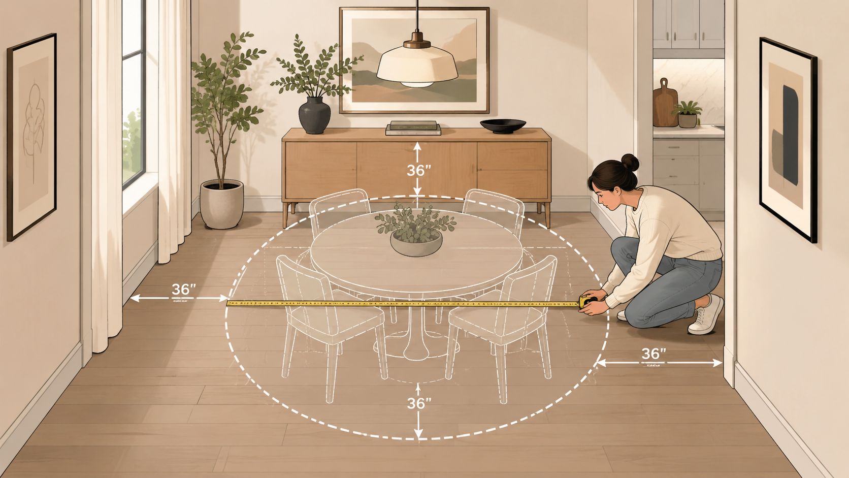 A woman kneeling on the floor measuring the clearance space around a round dining table with tape.