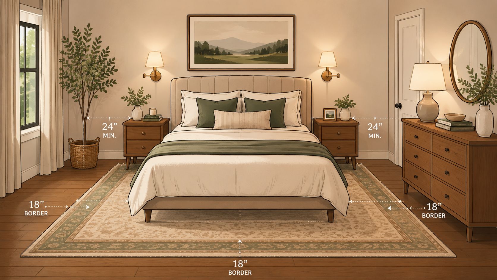 An illustration showing ideal rug placement and spacing recommendations for a bedroom with a bed and furniture.