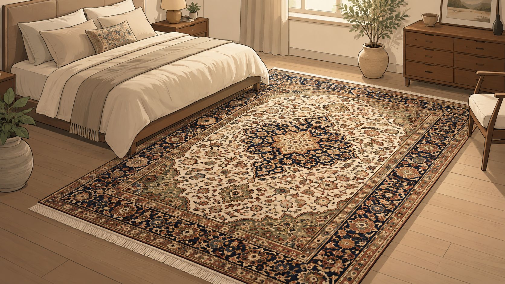 A cozy bedroom featuring an ornate, traditional Persian rug placed centrally on wooden floors near a bed.