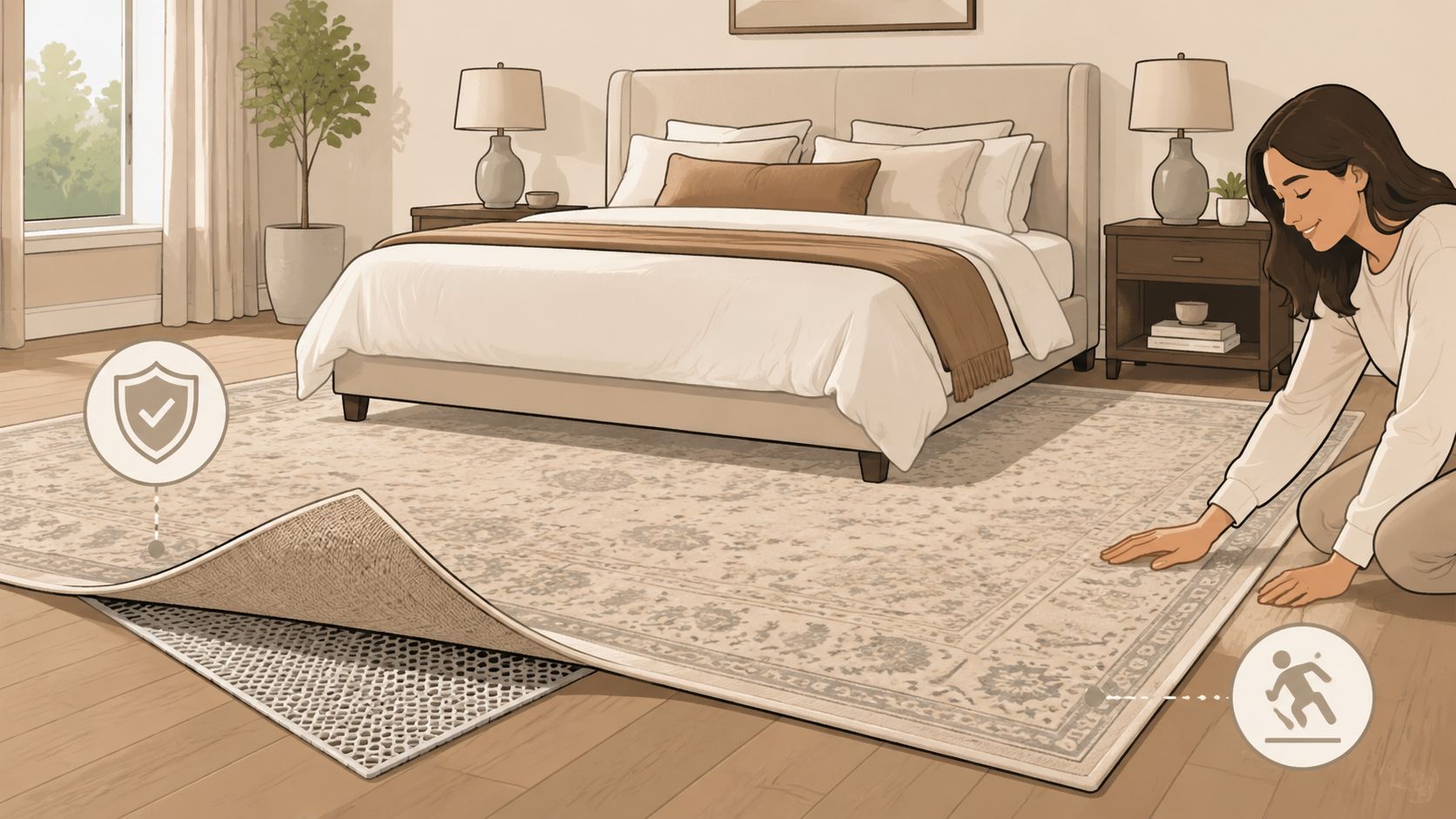 A woman carefully adjusting an area rug with a non-slip pad underneath in a modern bedroom setting.