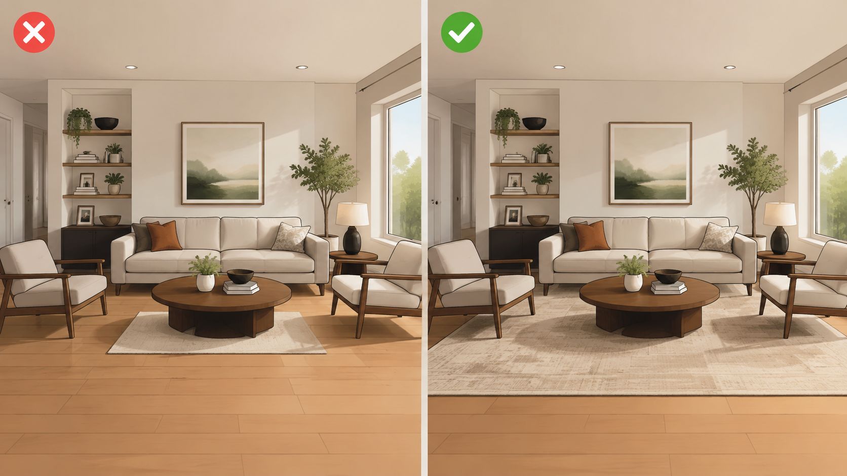 A side-by-side comparison showing incorrect small area rug placement versus correct full-room rug layout in living room.