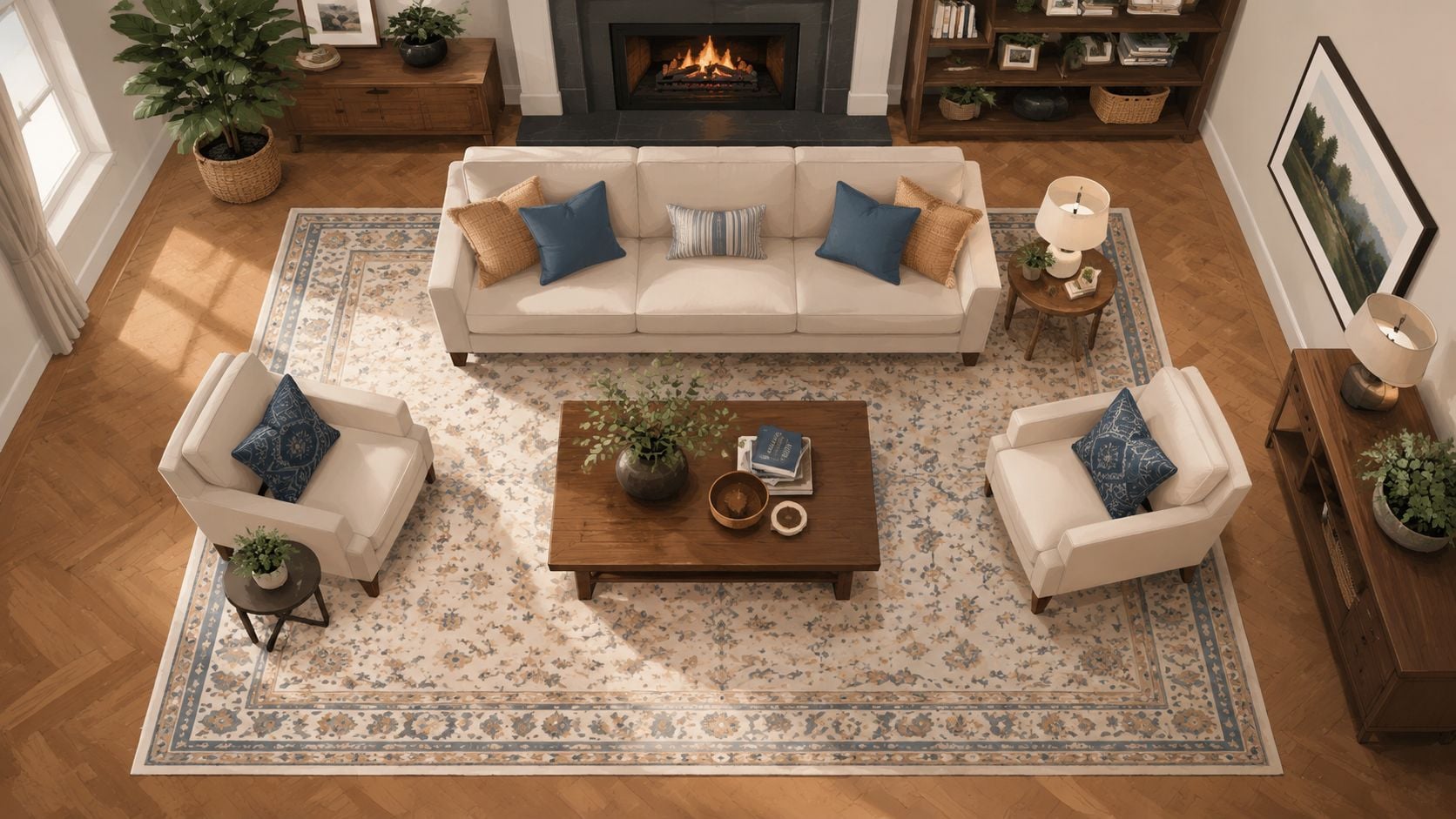 A high-angle view of a traditionally designed living room featuring a cream sofa, armchairs, and a patterned area rug.